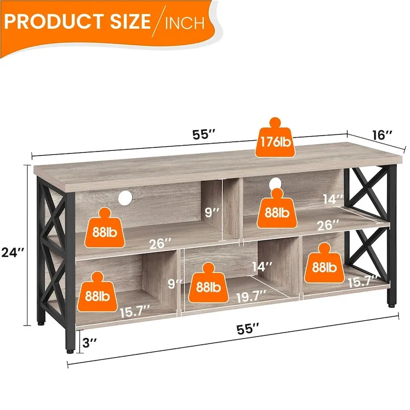 Meuble TV industriel avec 5 compartiments de rangement ouverts Marron rustique