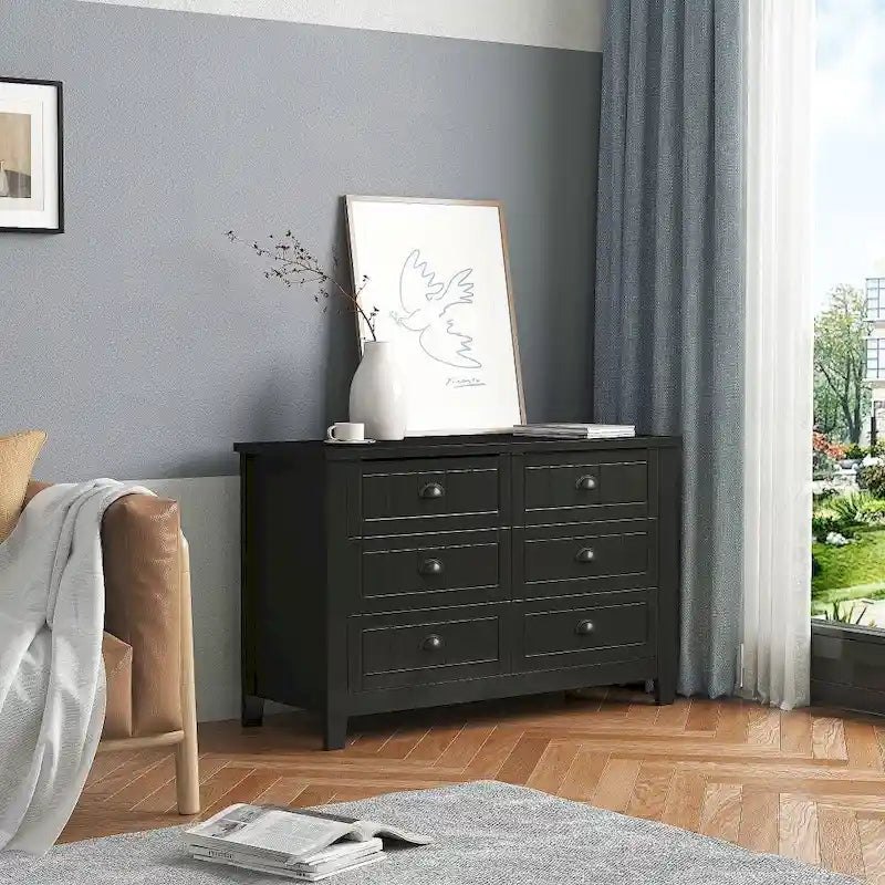 Commode/Buffet en bois massif à 6 tiroirs, style rétro noir