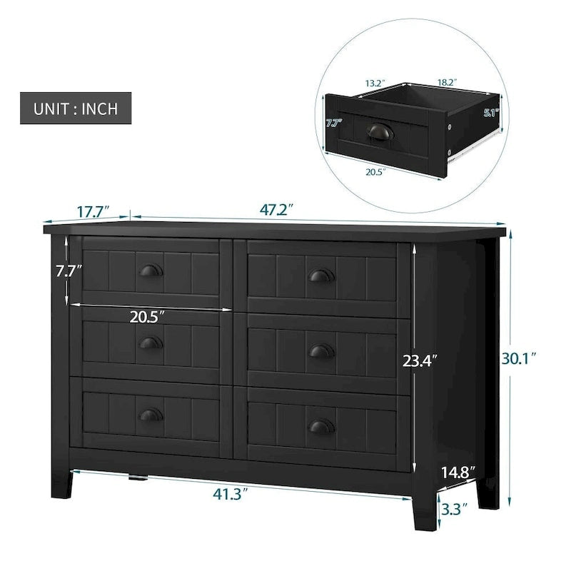 Commode/Buffet en bois massif à 6 tiroirs, style rétro noir