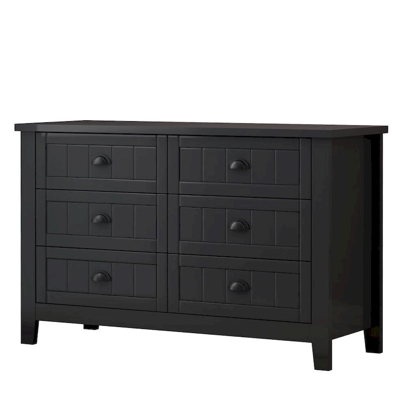 Commode/Buffet en bois massif à 6 tiroirs, style rétro noir