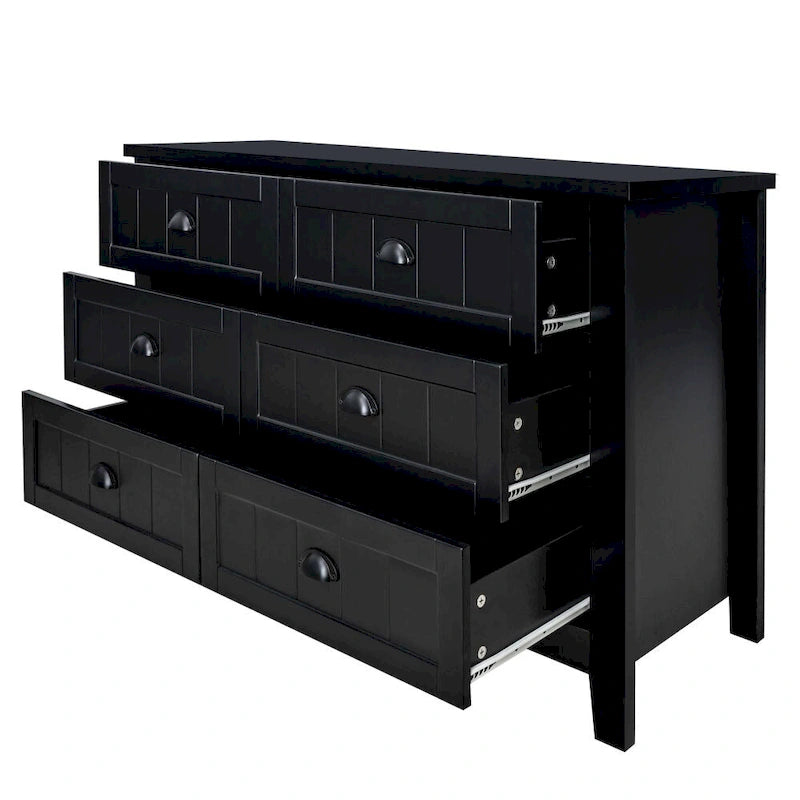 Commode/Buffet en bois massif à 6 tiroirs, style rétro noir