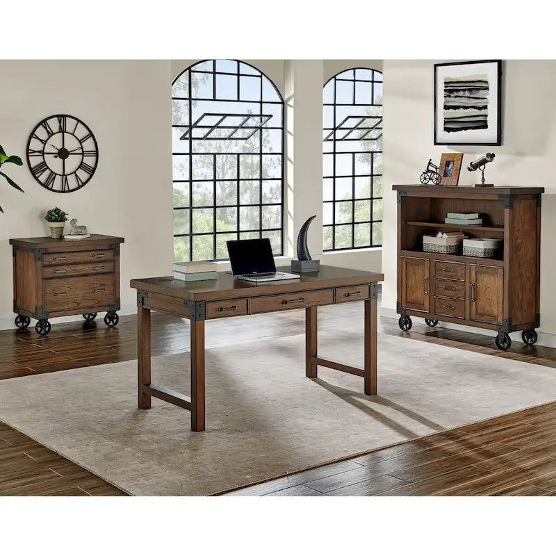 Bureau rustique industriel avec tiroirs Placage brun auburn