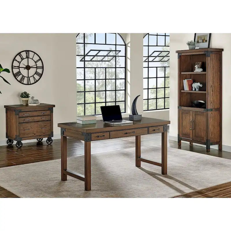 Bureau rustique industriel avec tiroirs Placage brun auburn