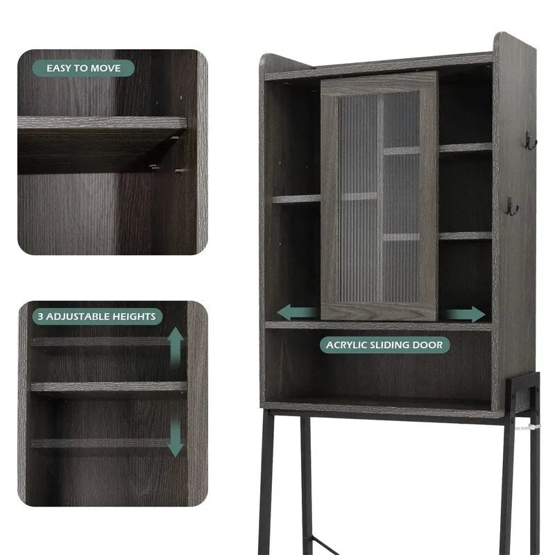 Meuble de rangement de salle de bain au-dessus des toilettes, gris vieilli, finition bois, porte coulissante