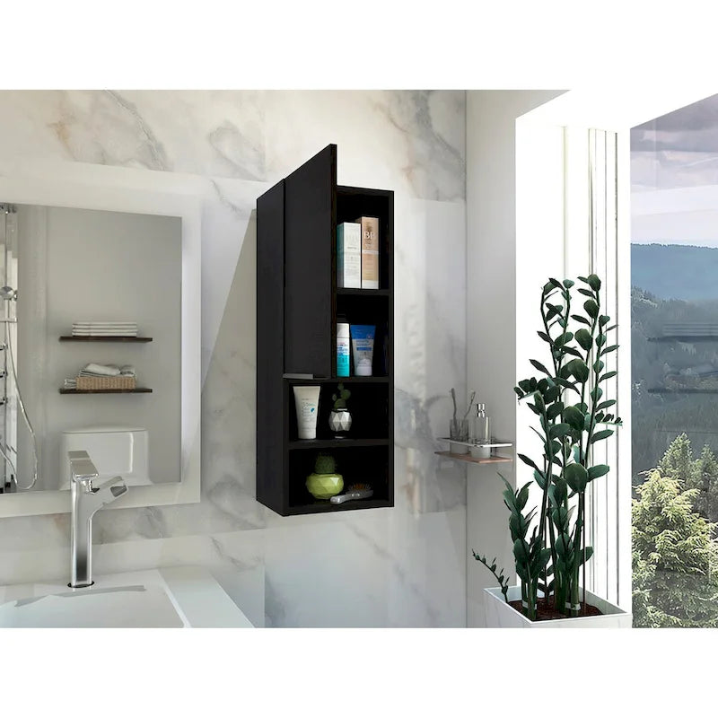 Meuble de Rangement Mural de Salle de Bain avec Porte Simple et Étagères Ouvertes