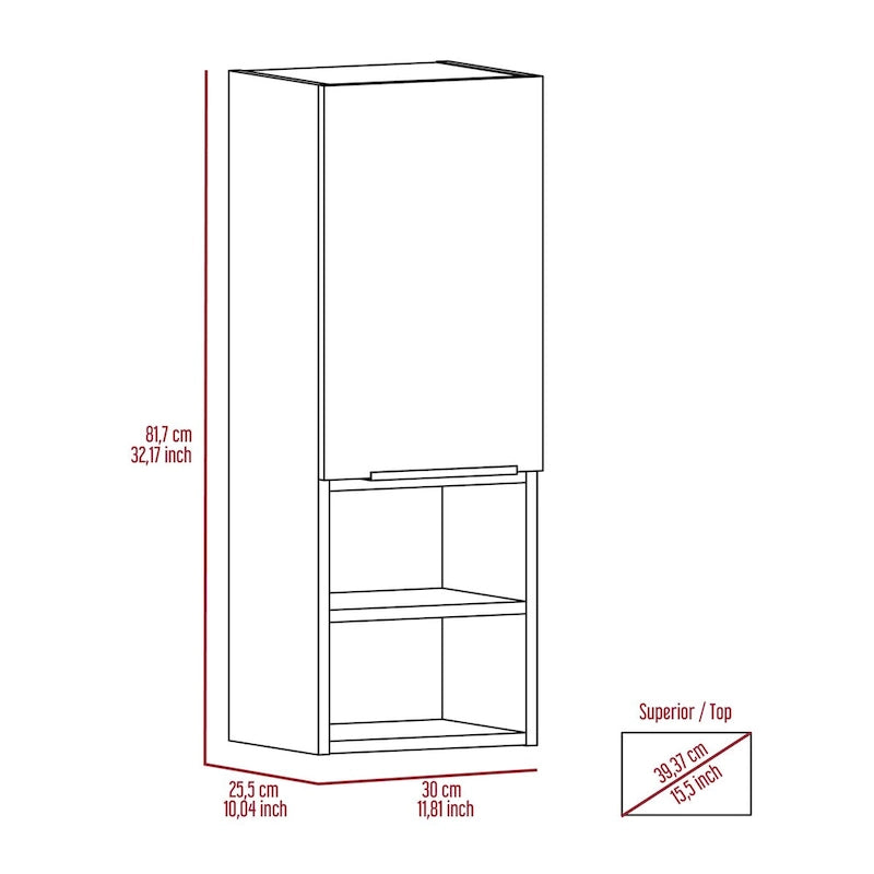 Meuble de Rangement Mural de Salle de Bain avec Porte Simple et Étagères Ouvertes
