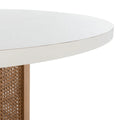 Table à manger piédestal ronde en faux marbre, cannage tissé, blanc naturel