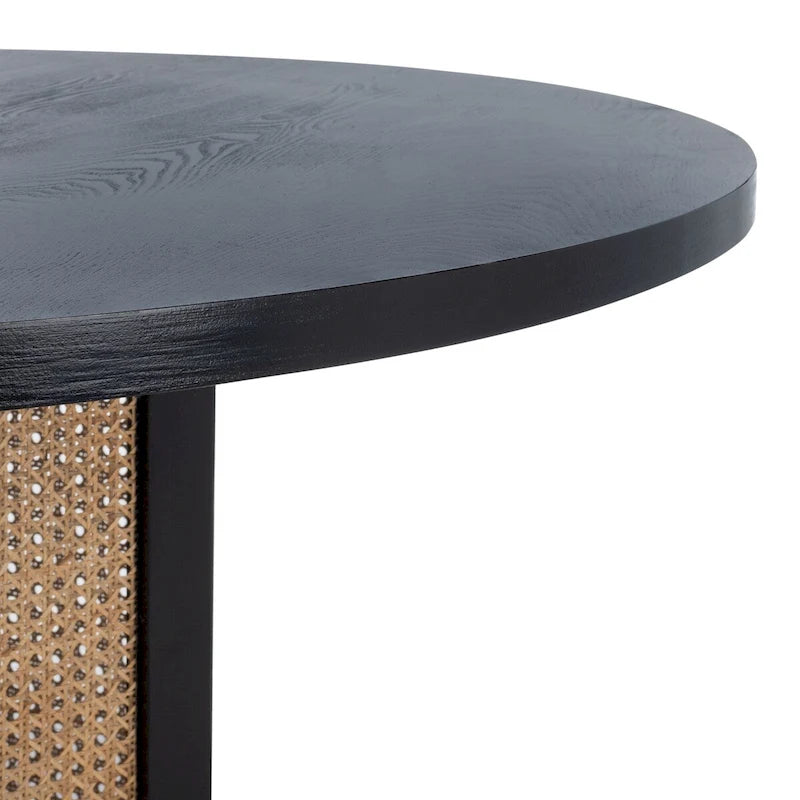Table à manger piédestal ronde en faux marbre, cannage tissé, blanc naturel