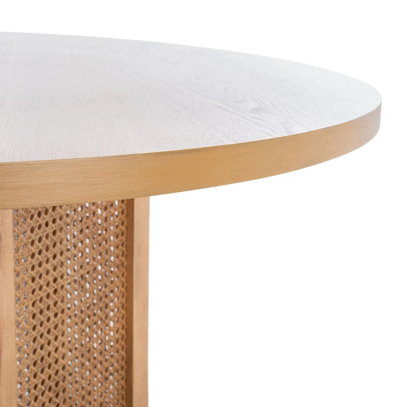 Table à manger piédestal ronde en faux marbre, cannage tissé, blanc naturel