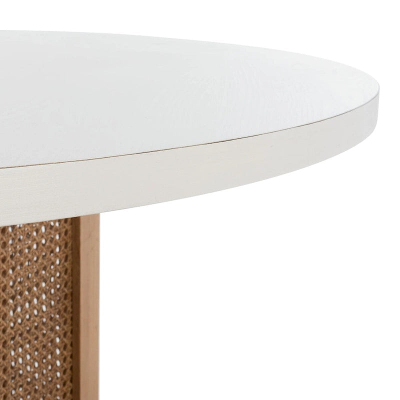 Table à manger piédestal ronde en faux marbre, cannage tissé, blanc naturel