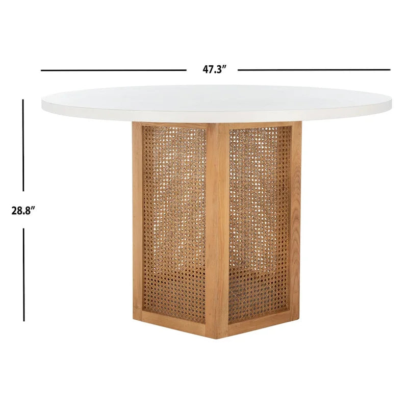 Table à manger piédestal ronde en faux marbre, cannage tissé, blanc naturel