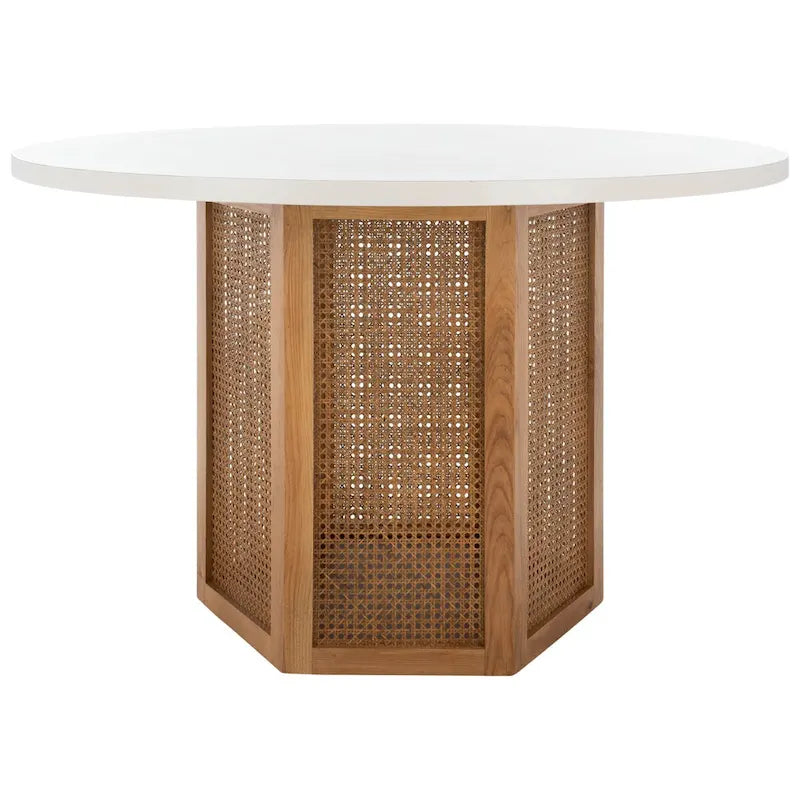 Table à manger piédestal ronde en faux marbre, cannage tissé, blanc naturel