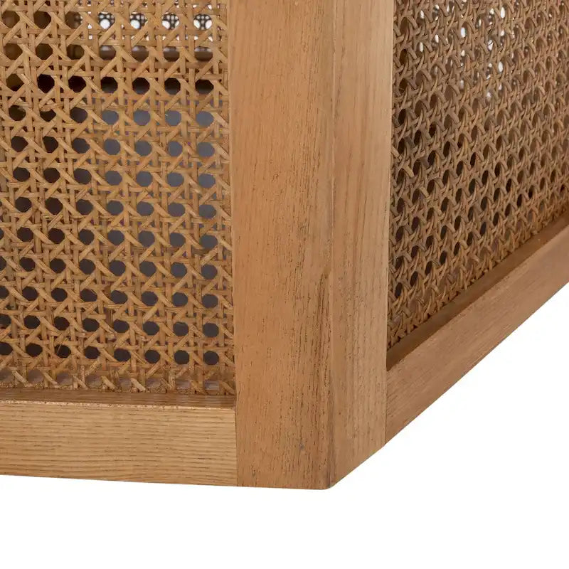 Table à manger piédestal ronde en faux marbre, cannage tissé, blanc naturel