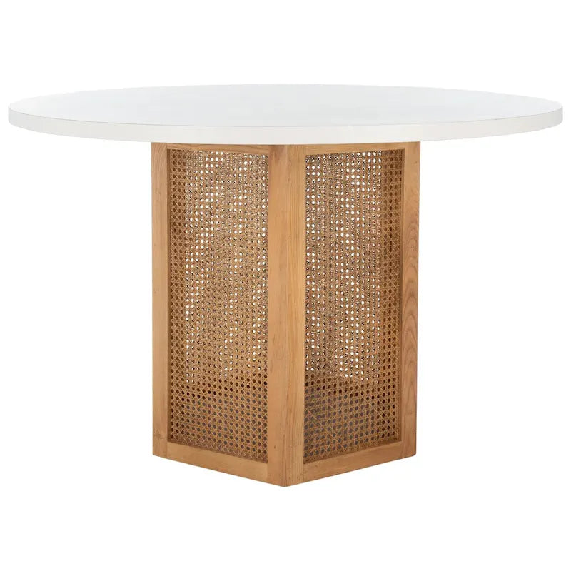 Table à manger piédestal ronde en faux marbre, cannage tissé, blanc naturel