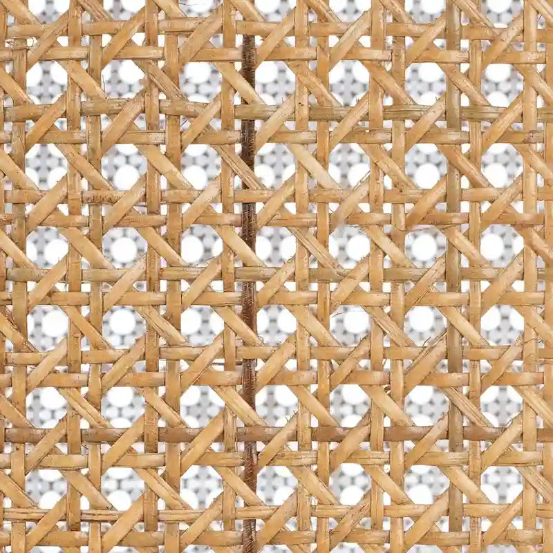 Table à manger piédestal ronde en faux marbre, cannage tissé, blanc naturel