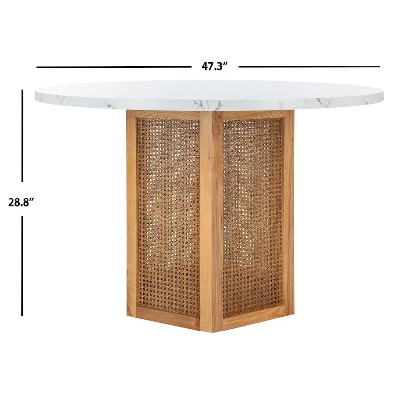 Table à manger piédestal ronde en faux marbre, cannage tissé, blanc naturel
