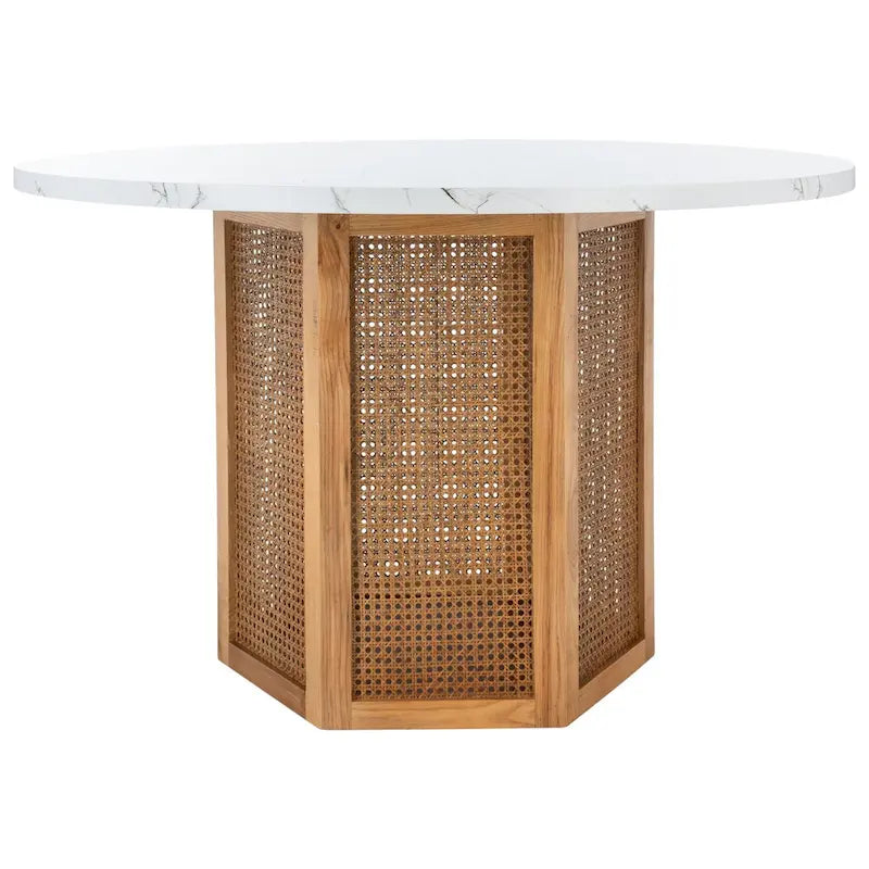 Table à manger piédestal ronde en faux marbre, cannage tissé, blanc naturel