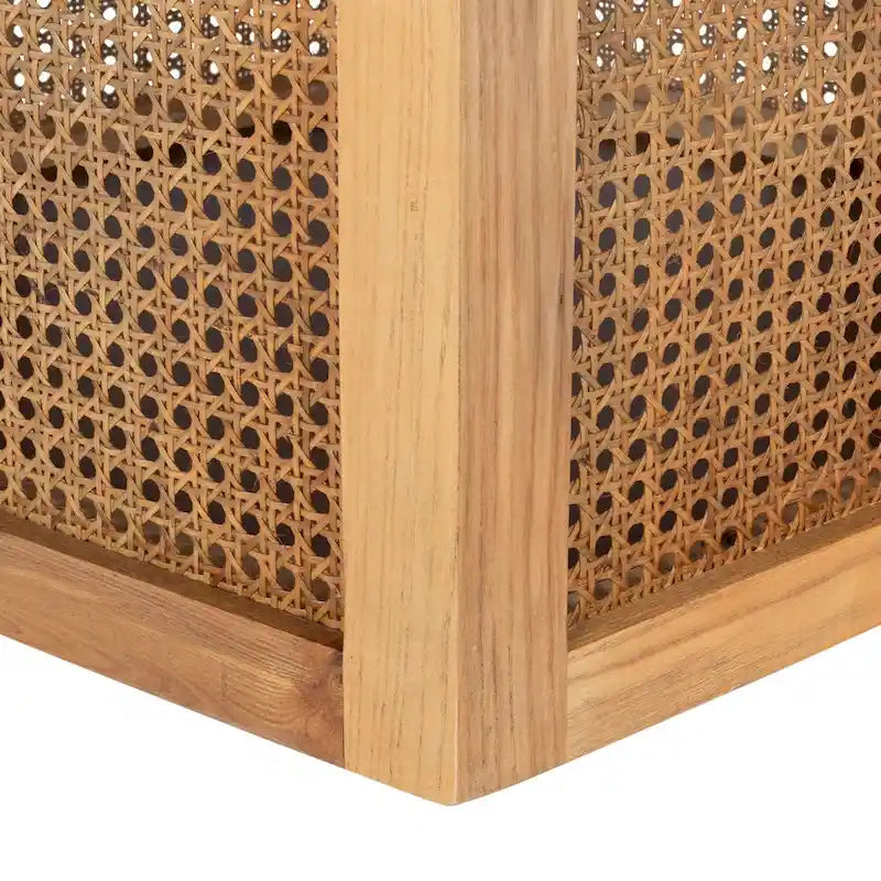 Table à manger piédestal ronde en faux marbre, cannage tissé, blanc naturel