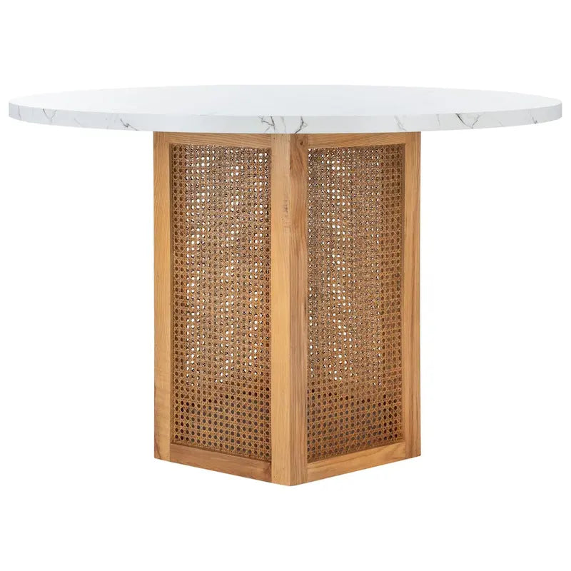 Table à manger piédestal ronde en faux marbre, cannage tissé, blanc naturel