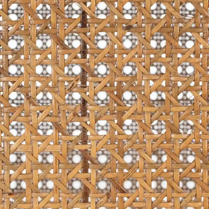 Table à manger piédestal ronde en faux marbre, cannage tissé, blanc naturel