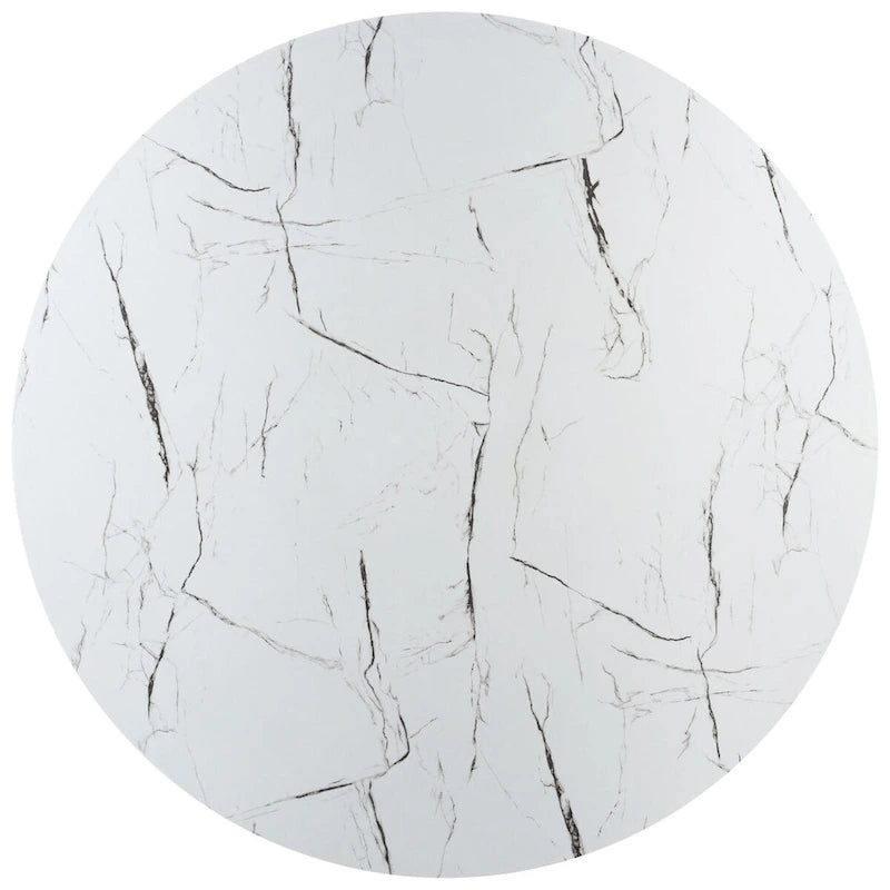 Table à manger piédestal ronde en faux marbre, cannage tissé, blanc naturel