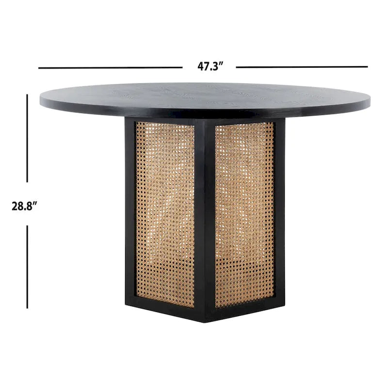 Table à manger piédestal ronde en faux marbre, cannage tissé, blanc naturel
