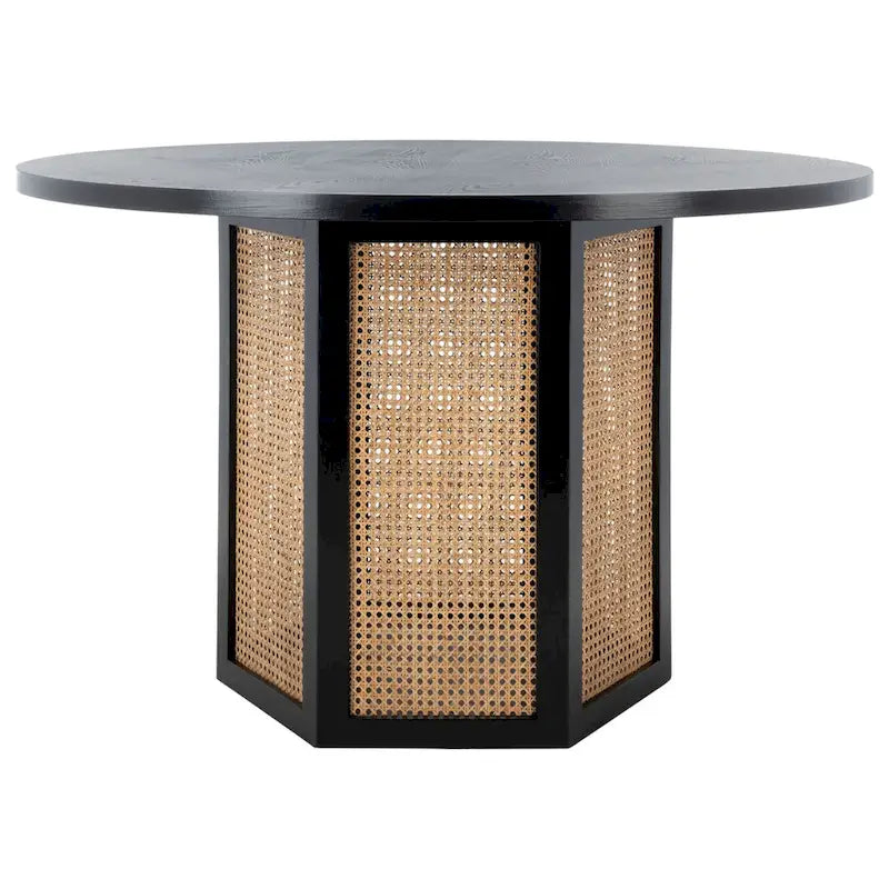 Table à manger piédestal ronde en faux marbre, cannage tissé, blanc naturel