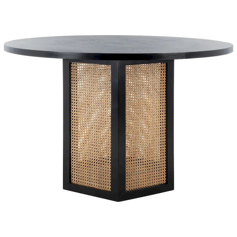 Table à manger piédestal ronde en faux marbre, cannage tissé, blanc naturel