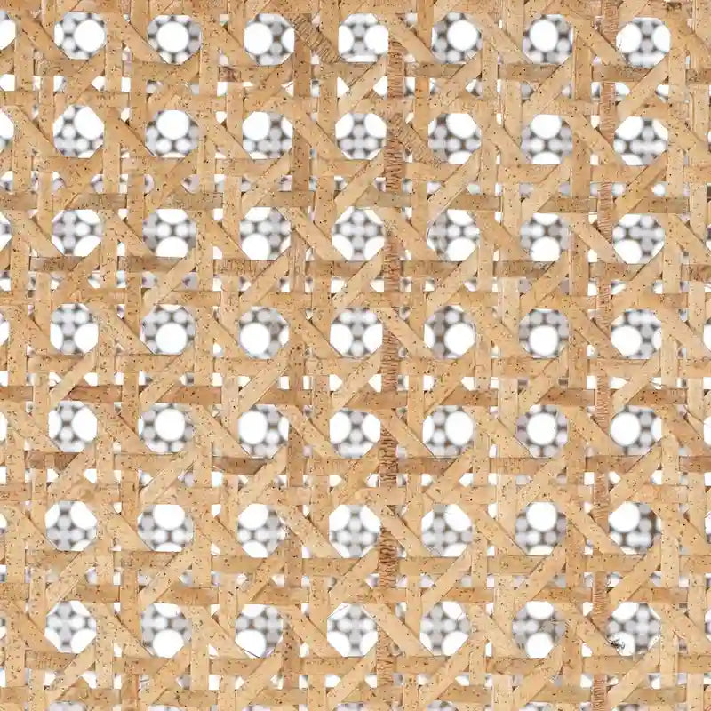 Table à manger piédestal ronde en faux marbre, cannage tissé, blanc naturel