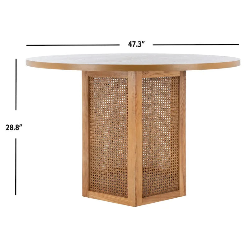 Table à manger piédestal ronde en faux marbre, cannage tissé, blanc naturel