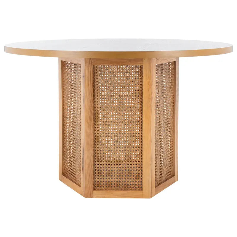 Table à manger piédestal ronde en faux marbre, cannage tissé, blanc naturel