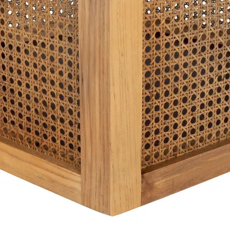 Table à manger piédestal ronde en faux marbre, cannage tissé, blanc naturel