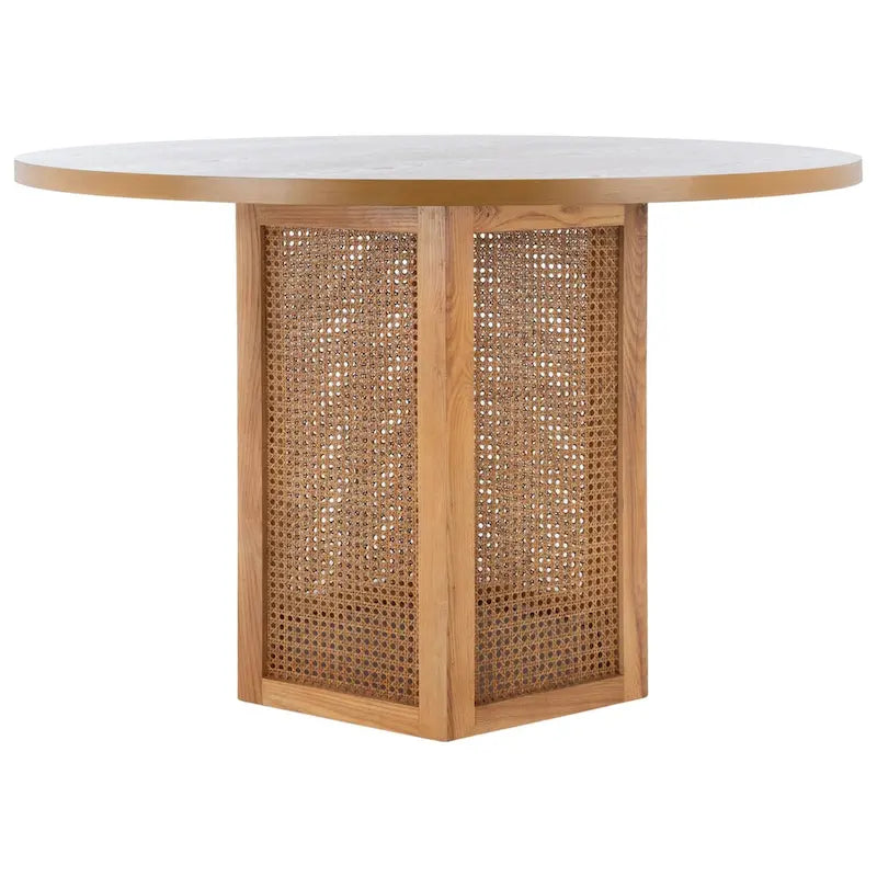 Table à manger piédestal ronde en faux marbre, cannage tissé, blanc naturel